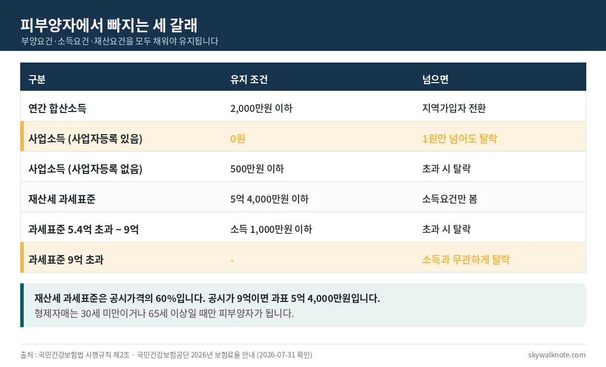 건강보험 피부양자 유지에 필요한 소득과 재산 요건을 정리한 표