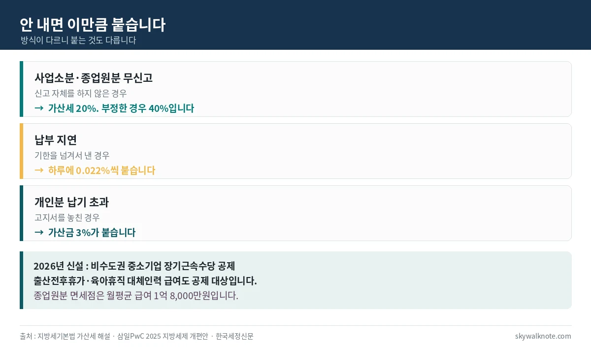 주민세 가산세 - 무신고 20퍼센트, 납부지연 1일 0.022퍼센트, 개인분 가산금 3퍼센트