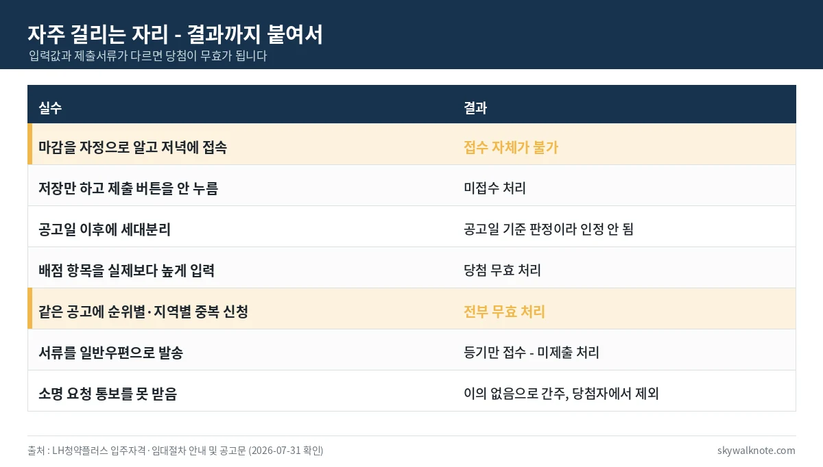 LH 청약에서 자주 발생하는 실수와 그 결과를 정리한 표