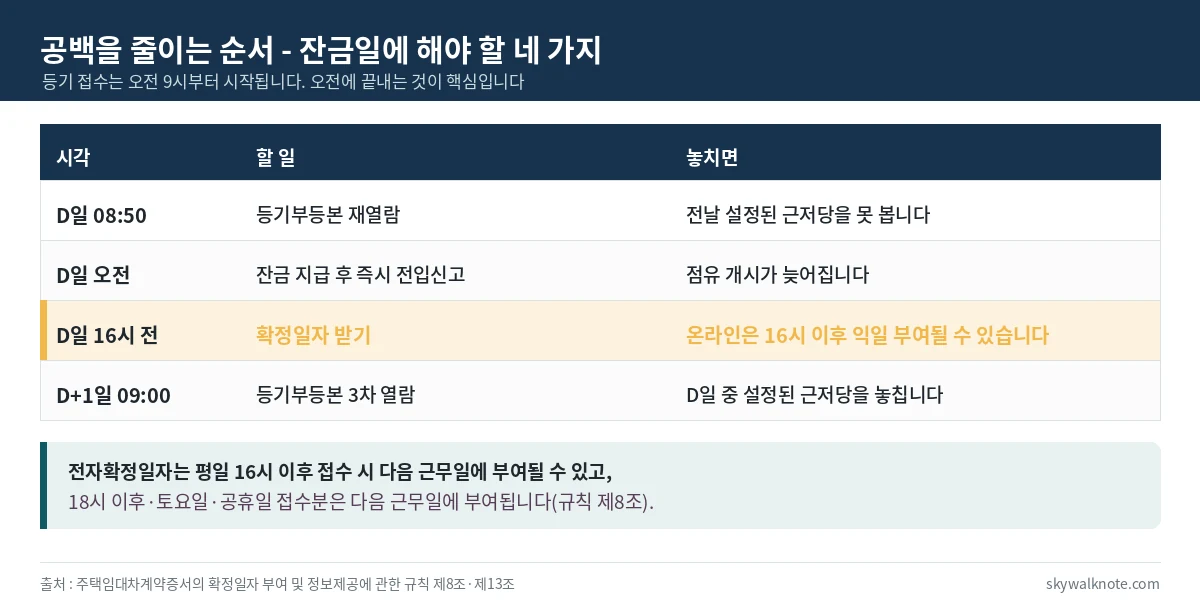 잔금일에 등기부등본 확인과 전입신고 확정일자를 처리하는 순서를 정리한 표