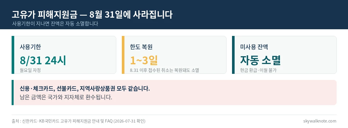고유가 피해지원금 사용기한 8월 31일 24시, 한도 복원 1~3일, 미사용 잔액 자동 소멸 표
